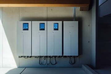 Four white units with screens, mounted on a concrete wall.
