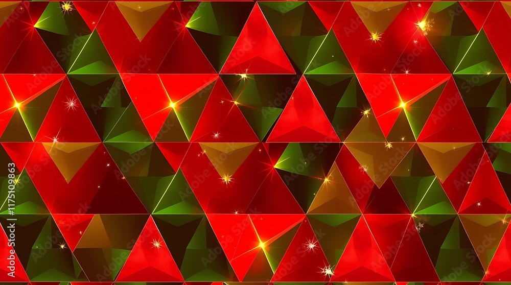 Poster geometric festive pattern: red, green, and gold triangular patterns interlock in a festive, geometri