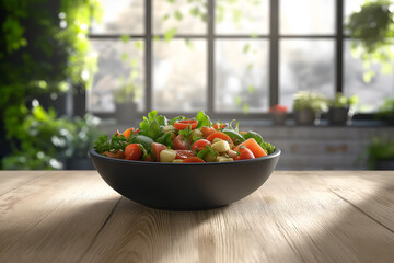 Healthy salad bowl with fresh vegetables placed on a wooden table, isolated. Health Theme Mockup and concept