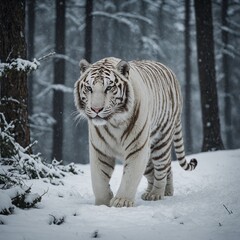 A majestic white tiger walking through a snowy forest.