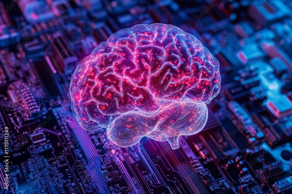 Poster digital 3d hologram of human brain over cpu exploring ai, technology, and circuitry integration