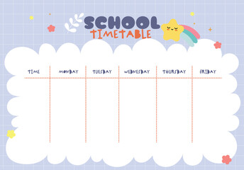 School timetable, weekly class schedule, school timetable template with cute and fun colorful cartoon illustrations, back to school weekly schedule, vector illustration.
