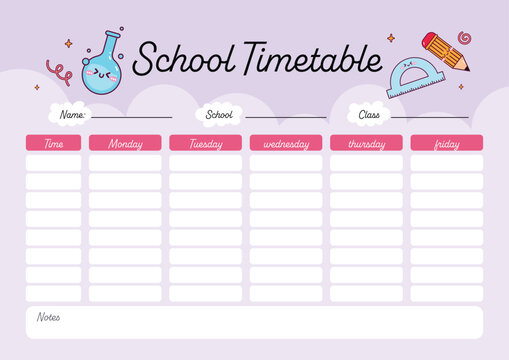School timetable, weekly class schedule, school timetable template with cute and fun colorful cartoon illustrations, back to school weekly schedule, vector illustration.
