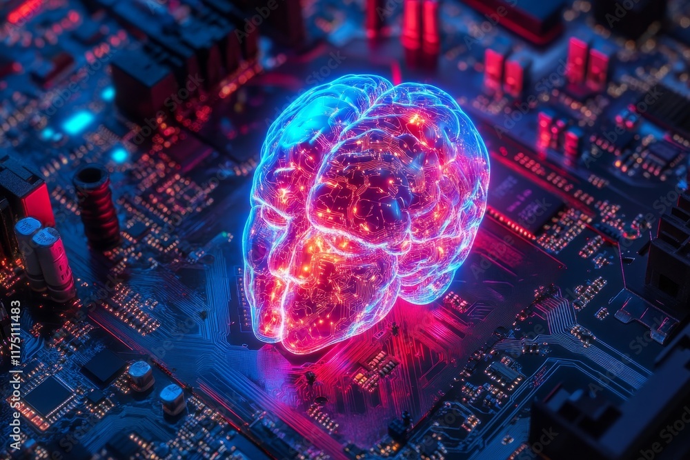 Poster digital 3d hologram of human brain over computer motherboard exploring ai and circuit technology
