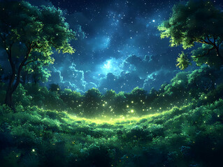 Magical night forest scene with fireflies glowing under starry sky.
