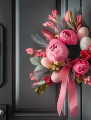 Fototapeta premium Vibrant spring wreath adorned with pink peonies and decorative eggs on a dark door