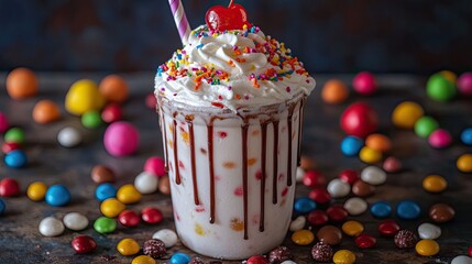 Naklejka premium Delicious Whipped Cream Sundae With Colorful Candies