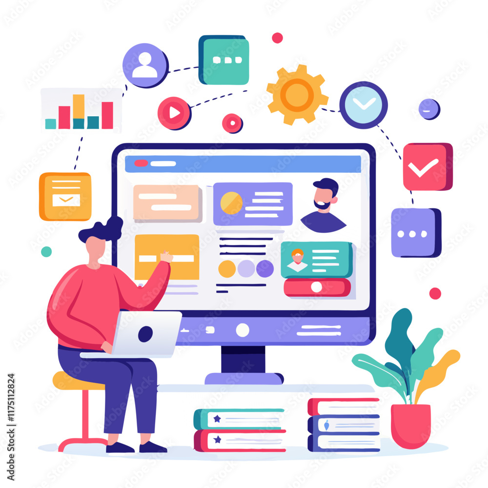 Poster Website development concept showcasing collaboration and programming skills in a digital workspace