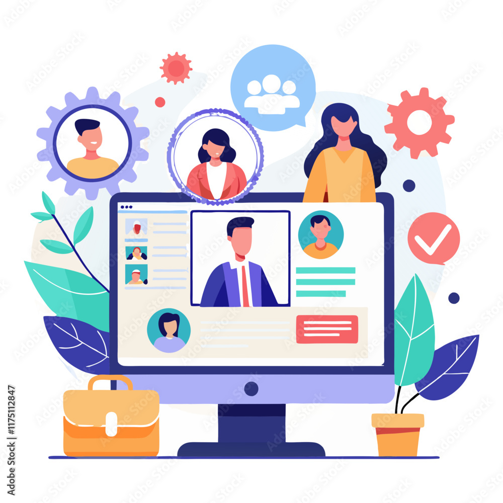 Poster digital workplace collaboration with team members and software tools in a modern office setting