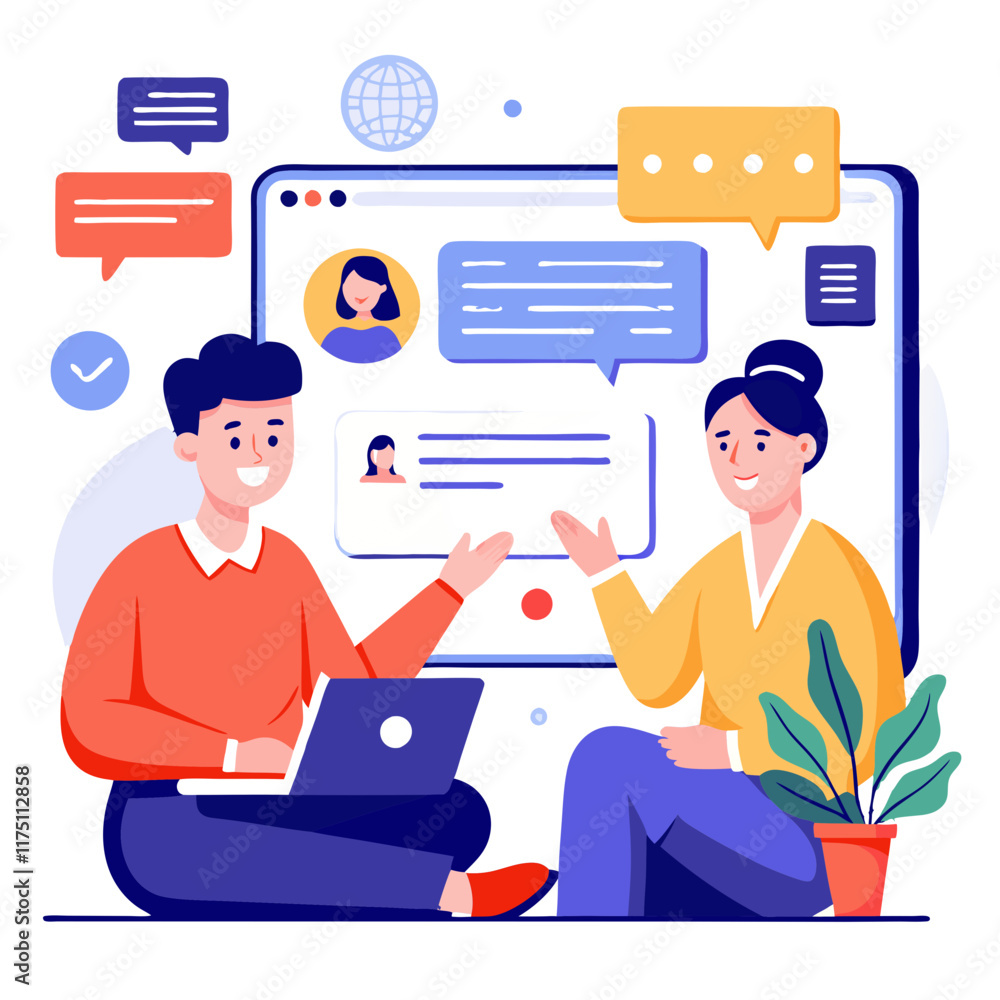 Poster engaging online conversation during a website interview between two individuals in a virtual environ