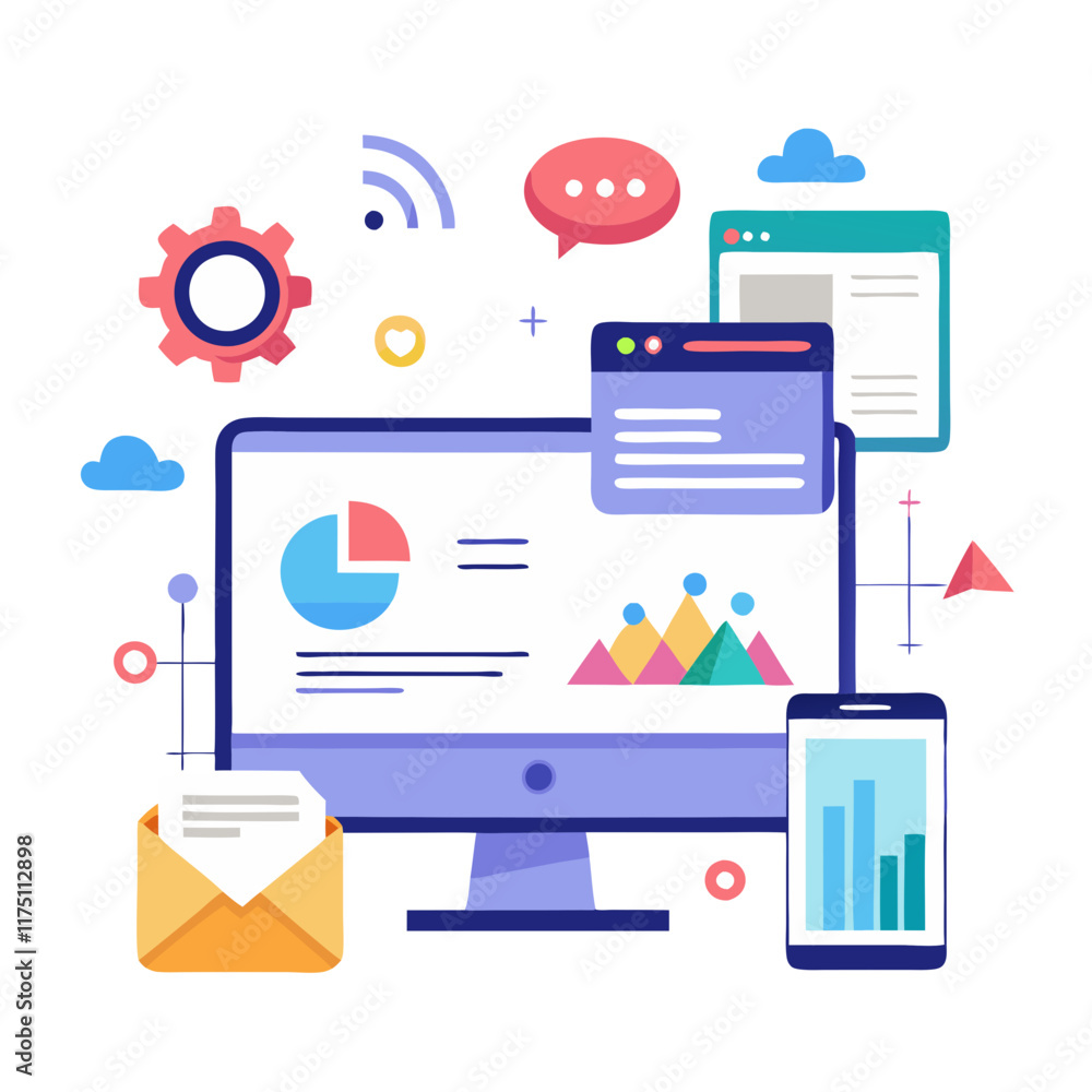 Poster digital marketing strategy with website analytics and communication tools showcased on computer and 
