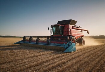 Fototapeta premium A powerful combine harvester is currently at work in a field of wheat