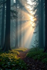 Fototapeta premium A misty forest at dawn with sunlight filtering through the trees, light, forest