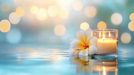 Candle and flower on tranquil water surface.