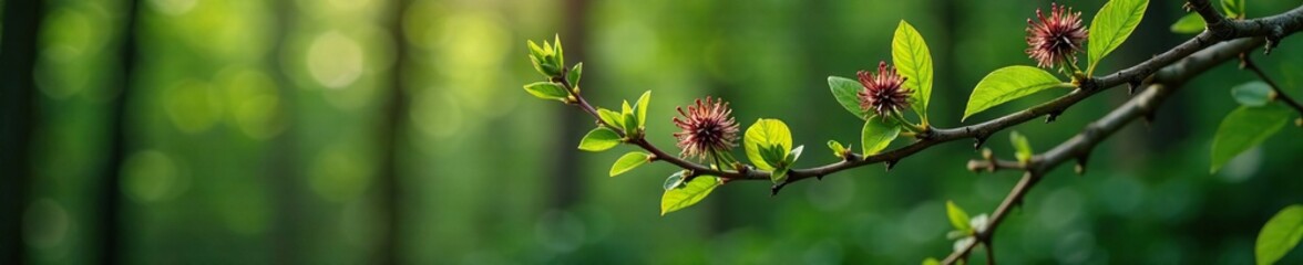 Black cohosh flowers on a branch with other forest flora, tree growth, branches