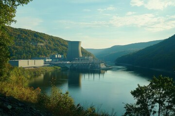 Fototapeta premium River valley power plant, hills, calm water.