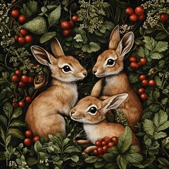 Fototapeta premium Three rabbits surrounded by foliage and berries in a natural setting.