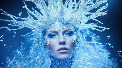 Woman with ice and snow makeup and headdress.