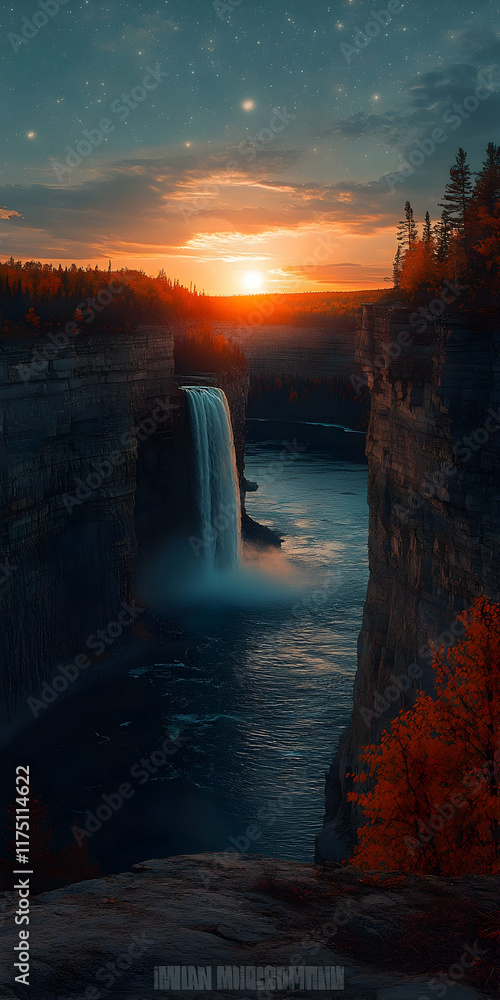 Poster sunset waterfall cascading between cliffs.