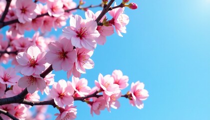 Obraz premium Cherry blossom branches sway gently in the breeze amidst clear blue skies, tree, blue sky
