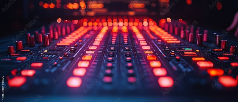 Poster digital audio mixer console with glowing buttons and sliders for music production.