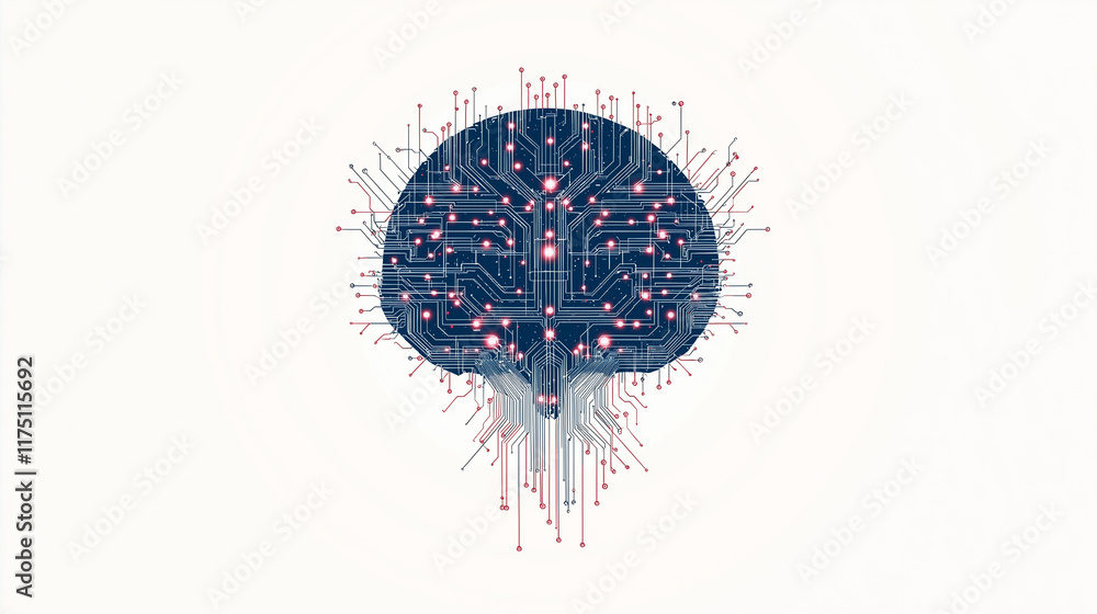 Poster digital brain: a stylized illustration of a brain with integrated circuitry, representing the inters