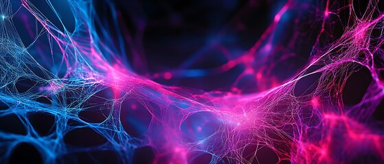 Obraz premium Dynamic Glowing Energy Web with Neon Pink and Blue Threads, Intricate Patterns, and Soft Gradients in a Dark Void for Design Projects