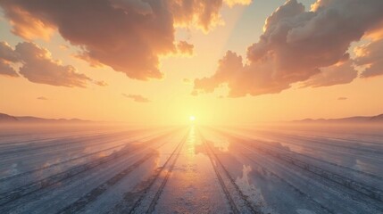 Fototapeta premium Golden Hour Serenity A Vast Expanse of Flat Land Reflecting the Setting Sun's Glow