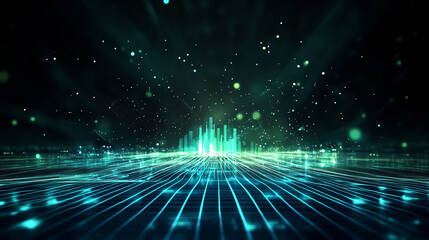 Futuristic data visualization with glowing blue against dark background