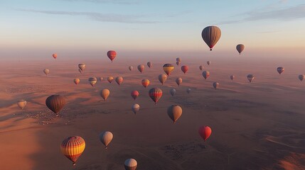 Obraz premium Many Hot Air Balloons Soar Over Desert Landscape