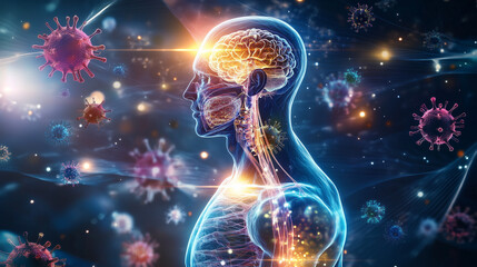 Fototapeta premium Glowing human figure with visible organs surrounded by viruses