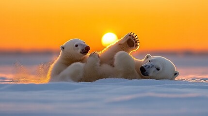 Two Polar Bear Cubs Playing at Sunset