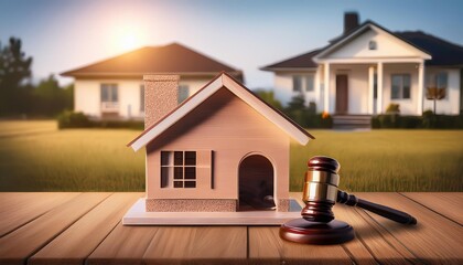 A wooden model house and a gavel are prominently displayed, symbolizing real estate and legal matters against a backdrop of suburban homes.