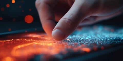 A close-up of a hand interacting with a touchscreen tablet, featuring vibrant orange and blue graphs and charts representing real-time data visualizations