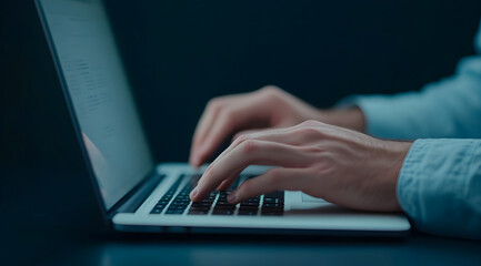 A close-up of hands typing on a laptop keyboard, emphasizing productivity and technology in a modern workspace.