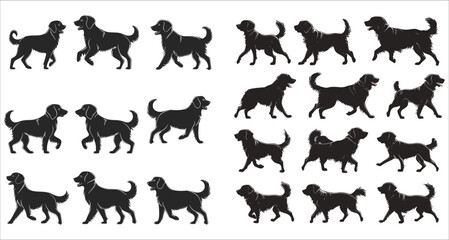 Fototapeta premium Playful dog running and jumping silhouettes, Set of various dog running and jumping in the field, Silhouettes of dogs walking and running at sunset vector, Set of dogs walking and running silhouettes