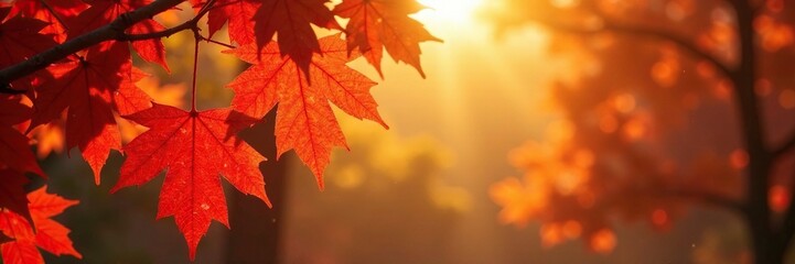 Fototapeta premium Golden light shining through red and gold maple leaves, sunlight, maple
