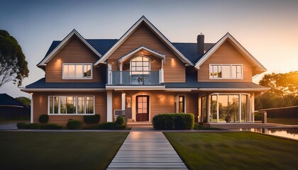 A beautiful, modern two-story house with large windows, a welcoming porch, and a well-maintained lawn, illuminated by a warm sunset glow.