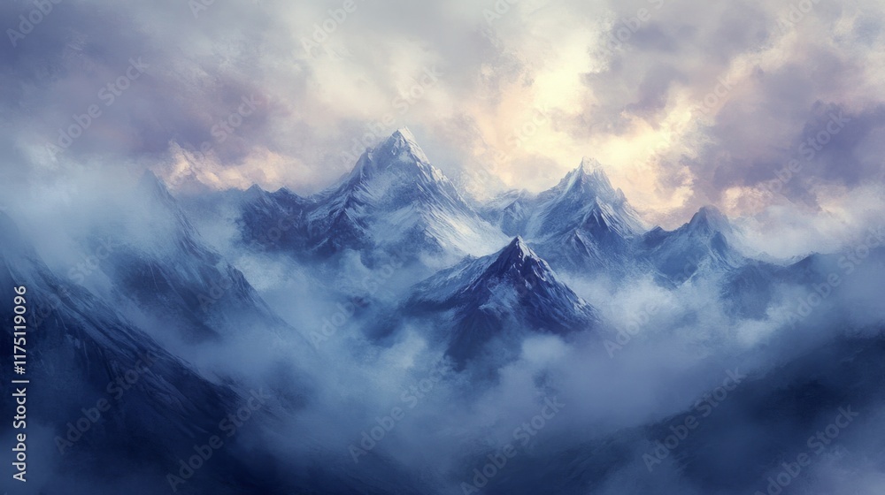 Poster Misty mountains bathed in the soft glow of dawn light, with clouds hovering above, creating a calm and hopeful New Year's Day scene