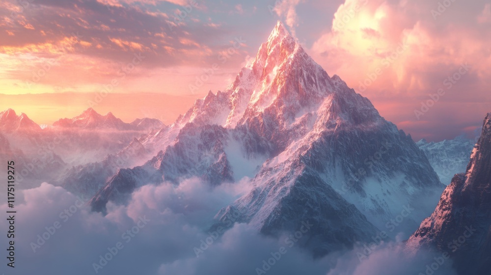 Aufkleber misty mountains bathed in the soft glow of dawn light, with clouds hovering above, creating a calm a