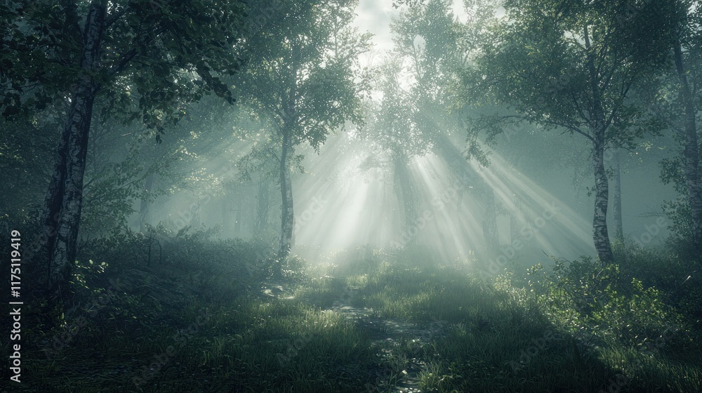 Poster Sunbeams Illuminate Misty Forest Path Through Trees