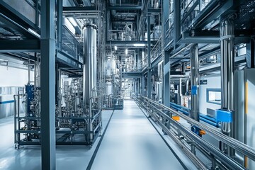 Obraz premium Industrial facility; metallic pipes, tanks, and platforms.