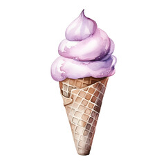 Watercolor of a Single Minimalist Ice Cream Cone on a White Background
