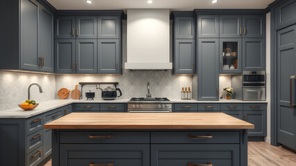 Front view of elegant interior with gray drawers under kitchen cabinet. empty wooden table and marble countertop in room. modern equipment for cooking. Generative AI