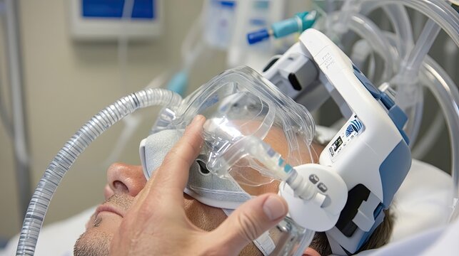 Patient Wearing A Medical Breathing Apparatus In Hospital