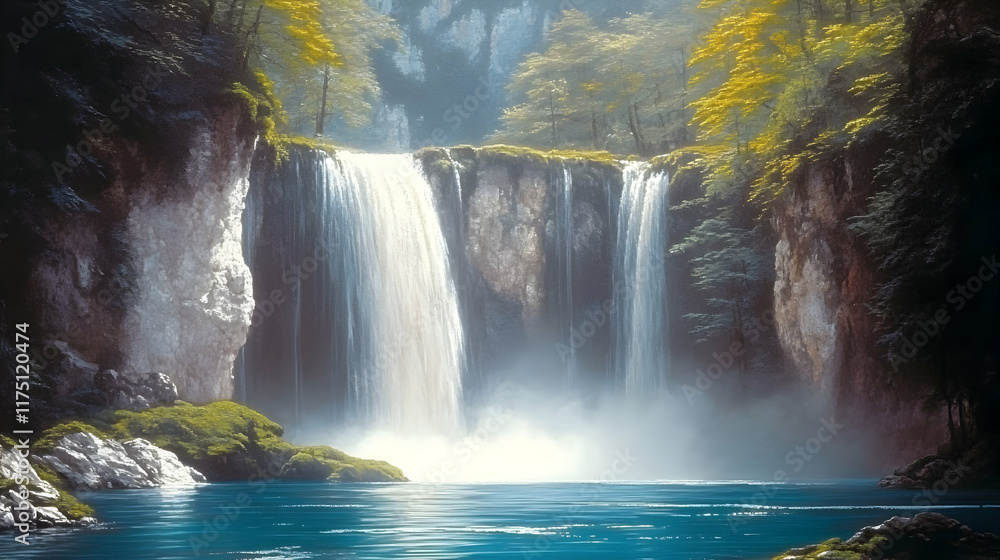 Poster serene waterfall cascading into a tranquil pool, surrounded by lush greenery and towering cliffs.