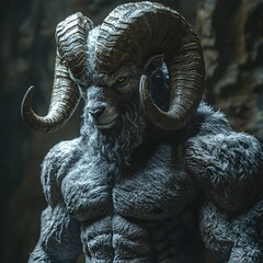 Obraz premium Fierce Ram Headed Bodybuilder Pushing Weights with Intense Determination