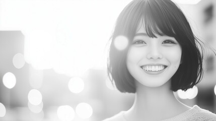 Fototapeta premium Black and White Portrait of a Smiling Woman in Backlight
