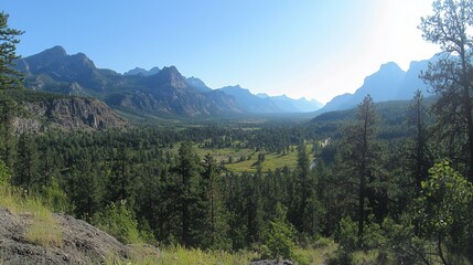 Naklejka premium Panoramic view of a valley, mountains, and forest.