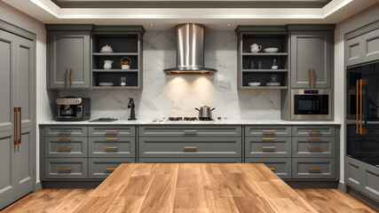 Fototapeta premium Front view of elegant interior with gray drawers under kitchen cabinet. empty wooden table and marble countertop in room. modern equipment for cooking. Generative AI